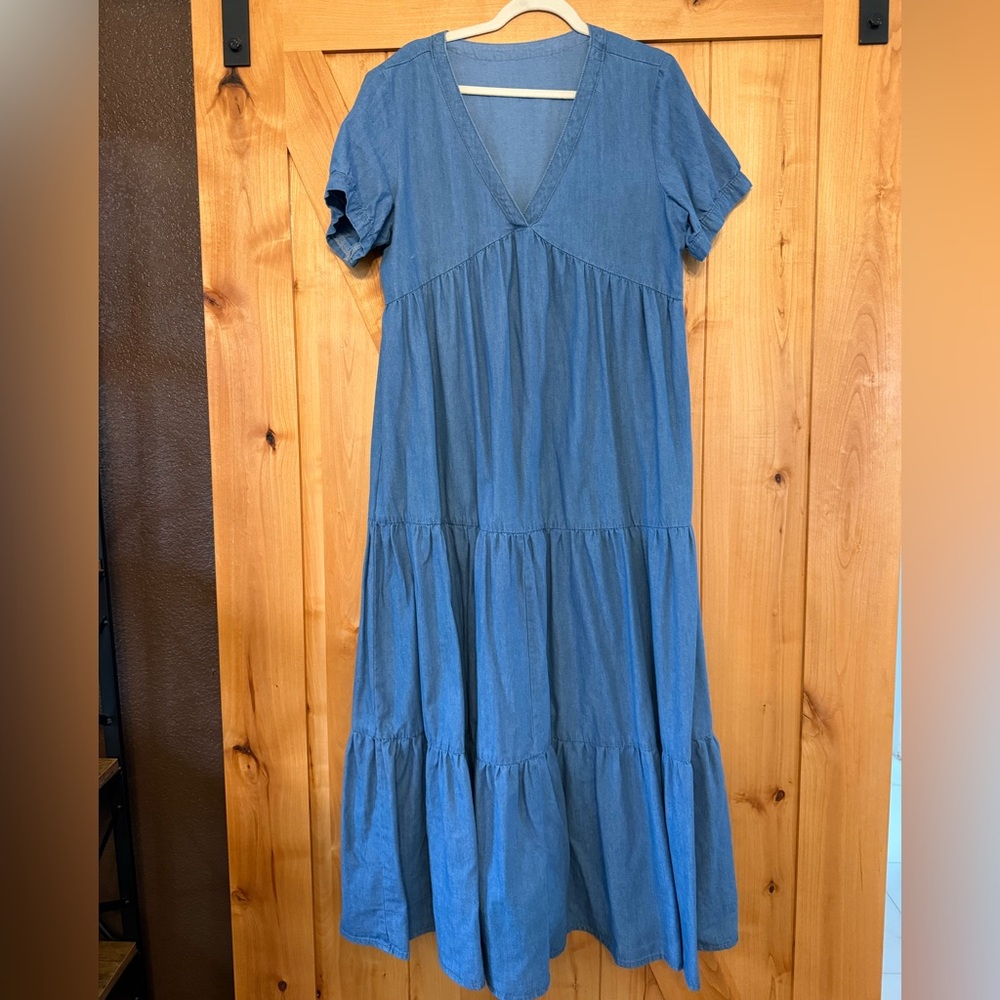 Blue V-Neck Tiered Dress